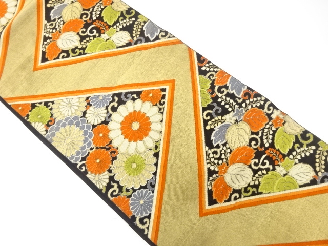 JAPANESE KIMONO / ANTIQUE FUKURO OBI / SILK / WOVEN KIKU & PAULWONIA & ARABESQUE